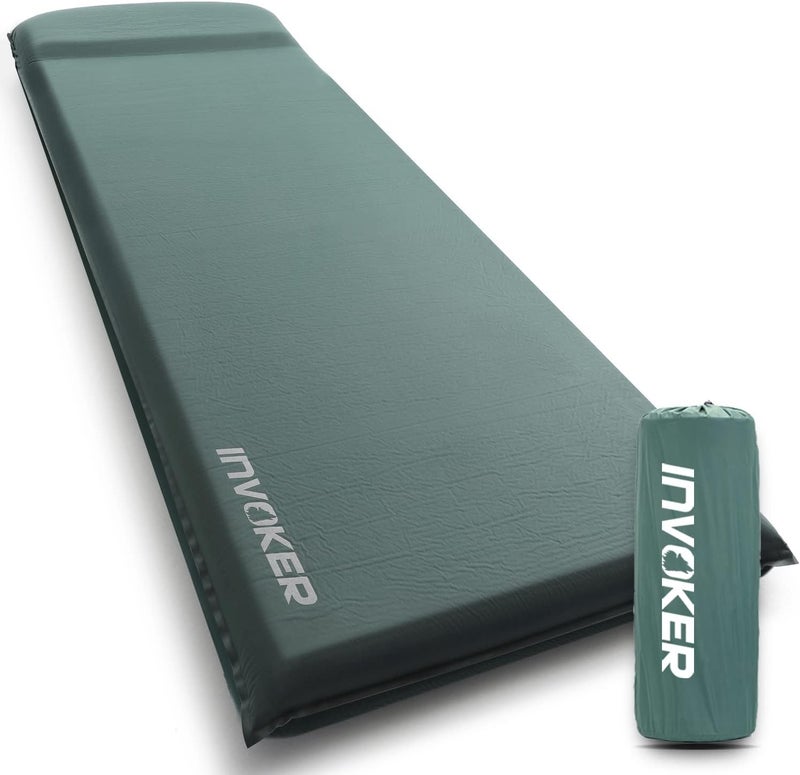 INVOKER 3.15" Self Inflating Camping Sleeping Pad, Ultra-Thick Elasticity Foam Fast Inflating 4-Season Insulated Durable Camping Mat Air Mattress with Pillow, for Tent, Car, Camping, Traveling, Green - Image 1